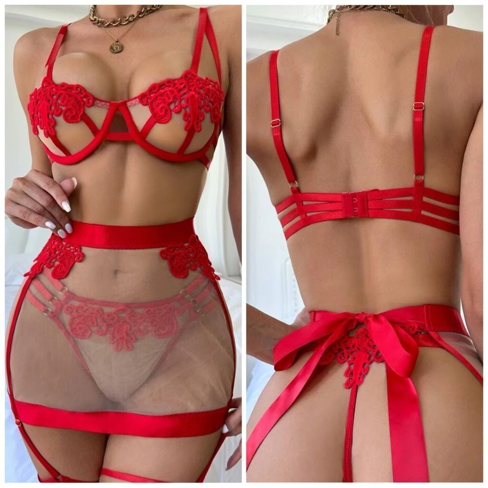 ❤️ Embroidery Mesh Underwire Garter Lingerie Set